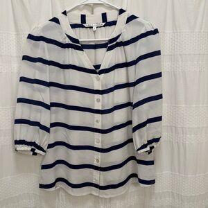 Annie Griffin 100% Silk Buttondown Blouse White Navy Blue Stripe Womens 2 V Neck